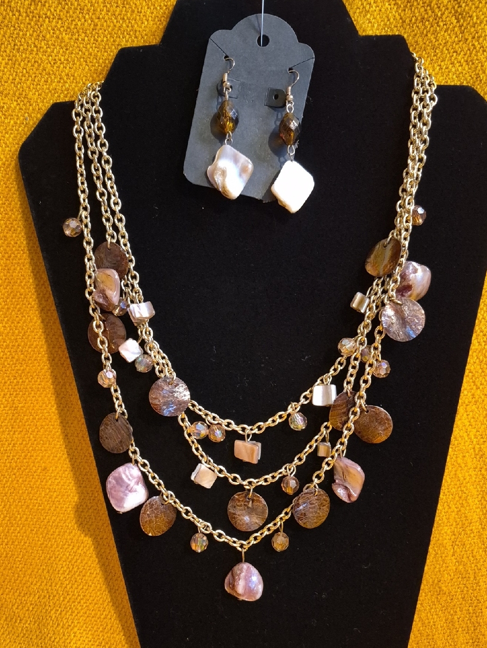 Multi-Strand Brown and Gold Shell Necklace with Matching Earrings - Unbranded